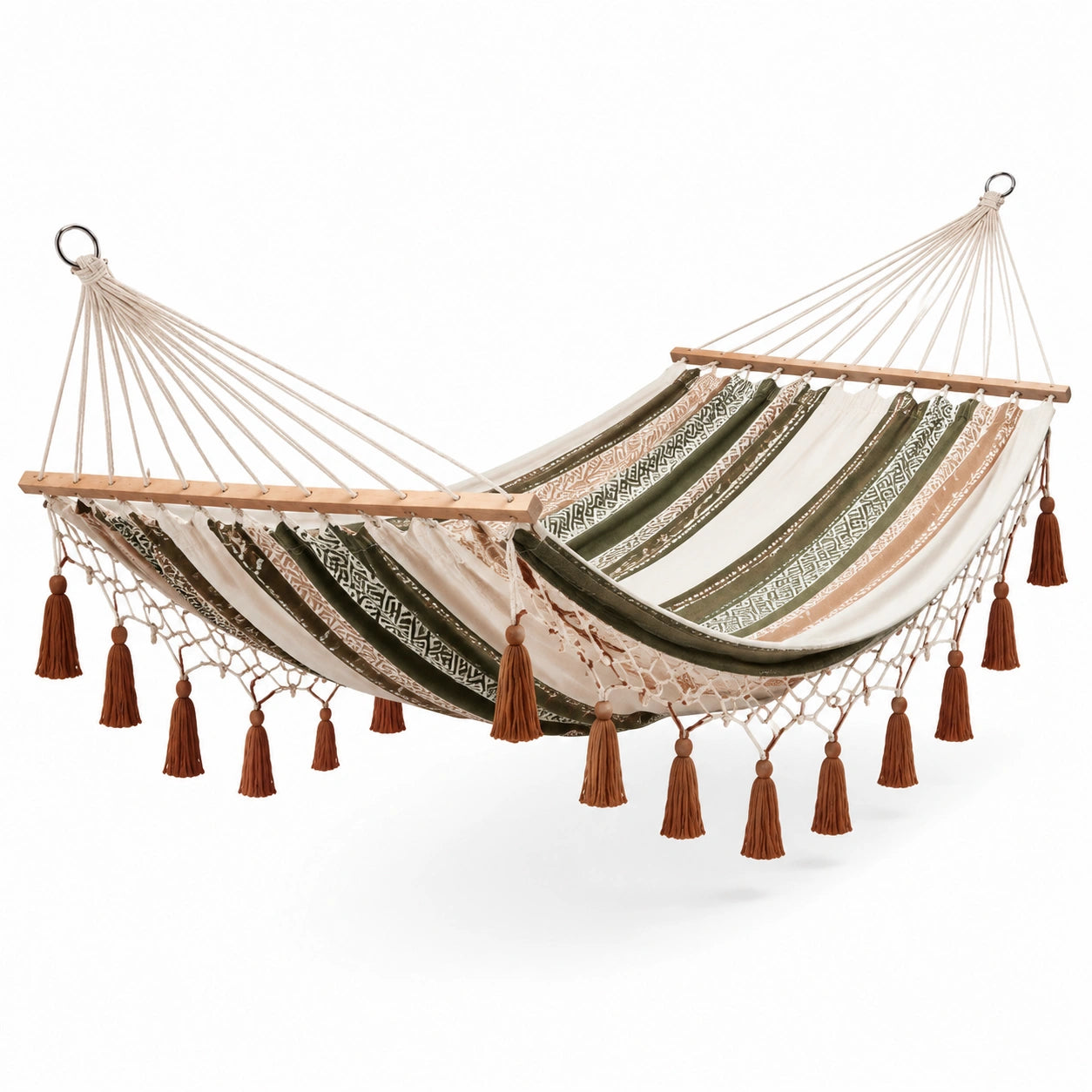 Gestreifte Baumwoll-Hängematte mit Holzstangen 200x150cm Beige/Grün