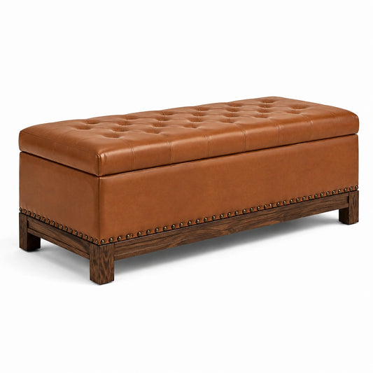 Aufbewahrungsbank aus Eichenholz und Leder braun 120x40x45 cm