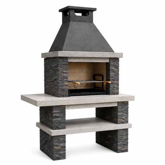 Grillkamin aus Beton und Naturstein 150x60x210 cm Grau/Schwarz
