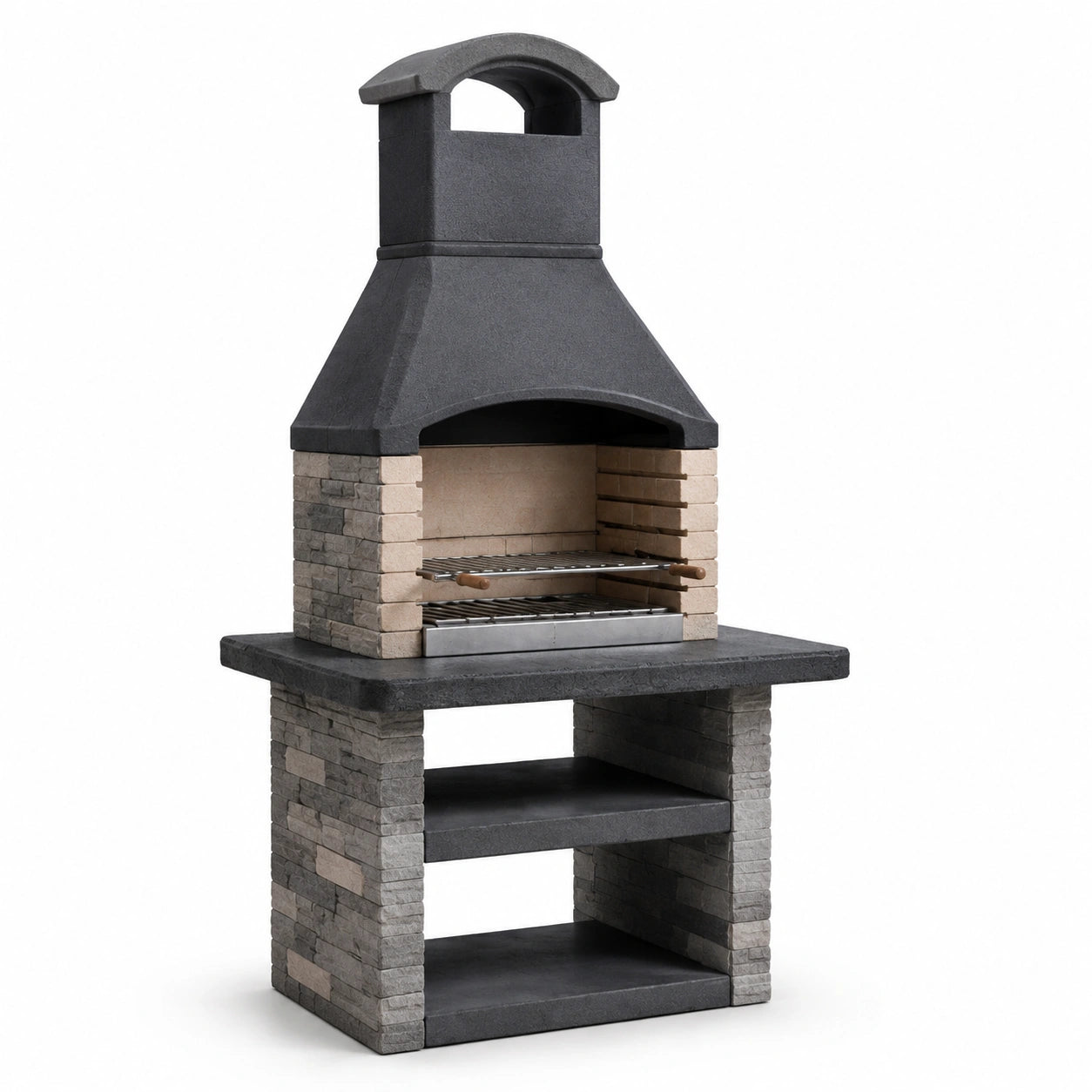 Stein Grillkamin mit Edelstahlrost Dunkelgrau/Beige 200x120x65 cm