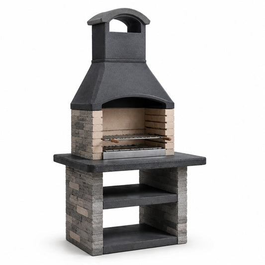 Stein Grillkamin mit Edelstahlrost Dunkelgrau/Beige 200x120x65 cm