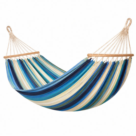 Baumwoll-Hängematte mit Holzstäben Blau/Grün/Gelb 200x150 cm