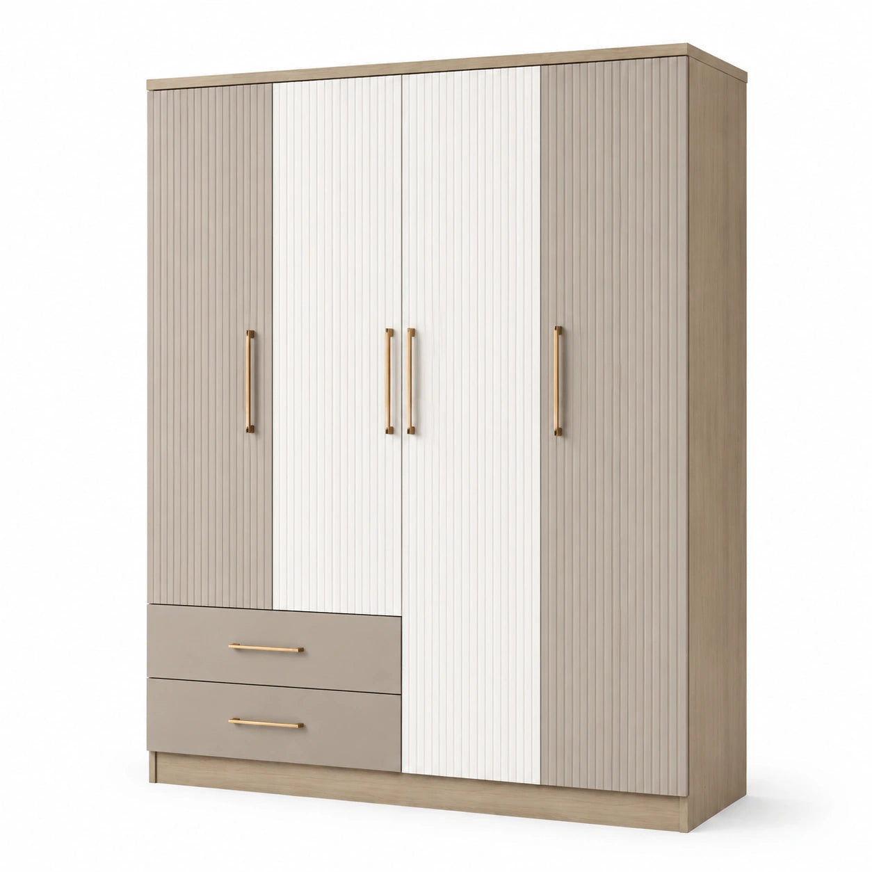 Kleiderschrank mit 4 Türen und 2 Schubladen aus MDF in Beige/Weiß 120x200x60 cm