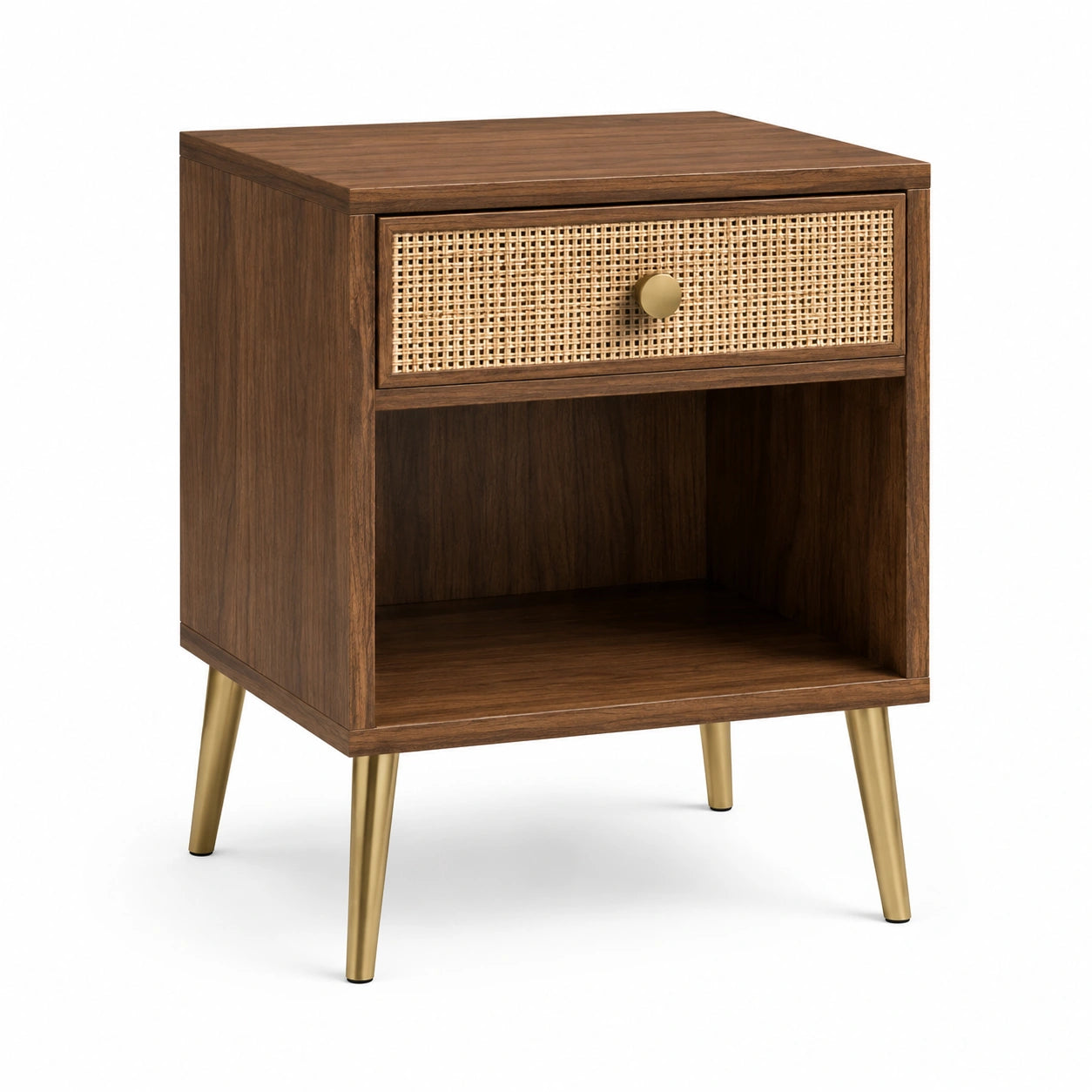 Holz Nachttisch mit Rattan Schublade und Metallbeinen